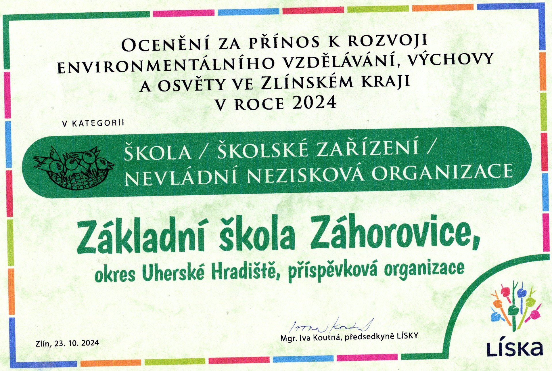 Naše škola byla oceněna za přínos k rozvoji EVVO ve Zlínském kraji!!